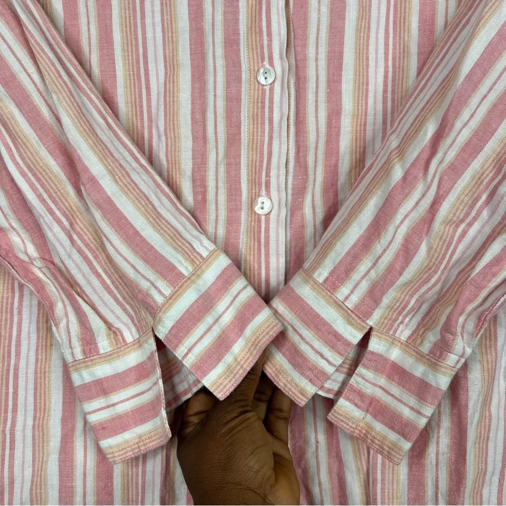 Saint Tropez West 100% Linen Shirt‎ Women's M Pink White Striped Coastal Grandma